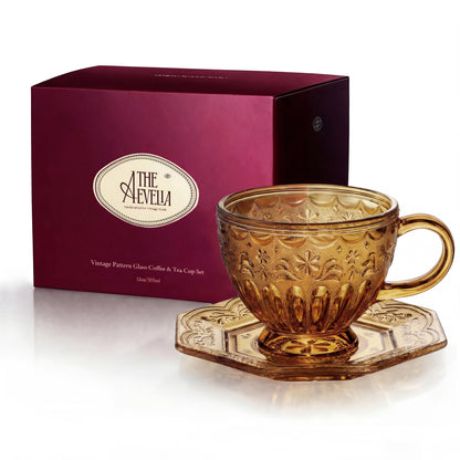 THE AEVELIA Handcrafted Glass Coffee Mug 12oz with Octagonal Saucer, Aesthetic Vintage Glass Cup for Latte, Cappuccino & Tea, Microwave & Dishwasher Safe, Gift for Women, Classic Frosted White