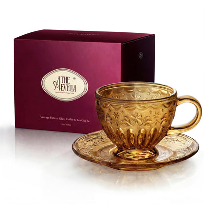 THE AEVELIA Handcrafted Glass Coffee Mug 12oz with Octagonal Saucer, Aesthetic Vintage Glass Cup for Latte, Cappuccino & Tea, Microwave & Dishwasher Safe, Gift for Women, Classic Frosted White