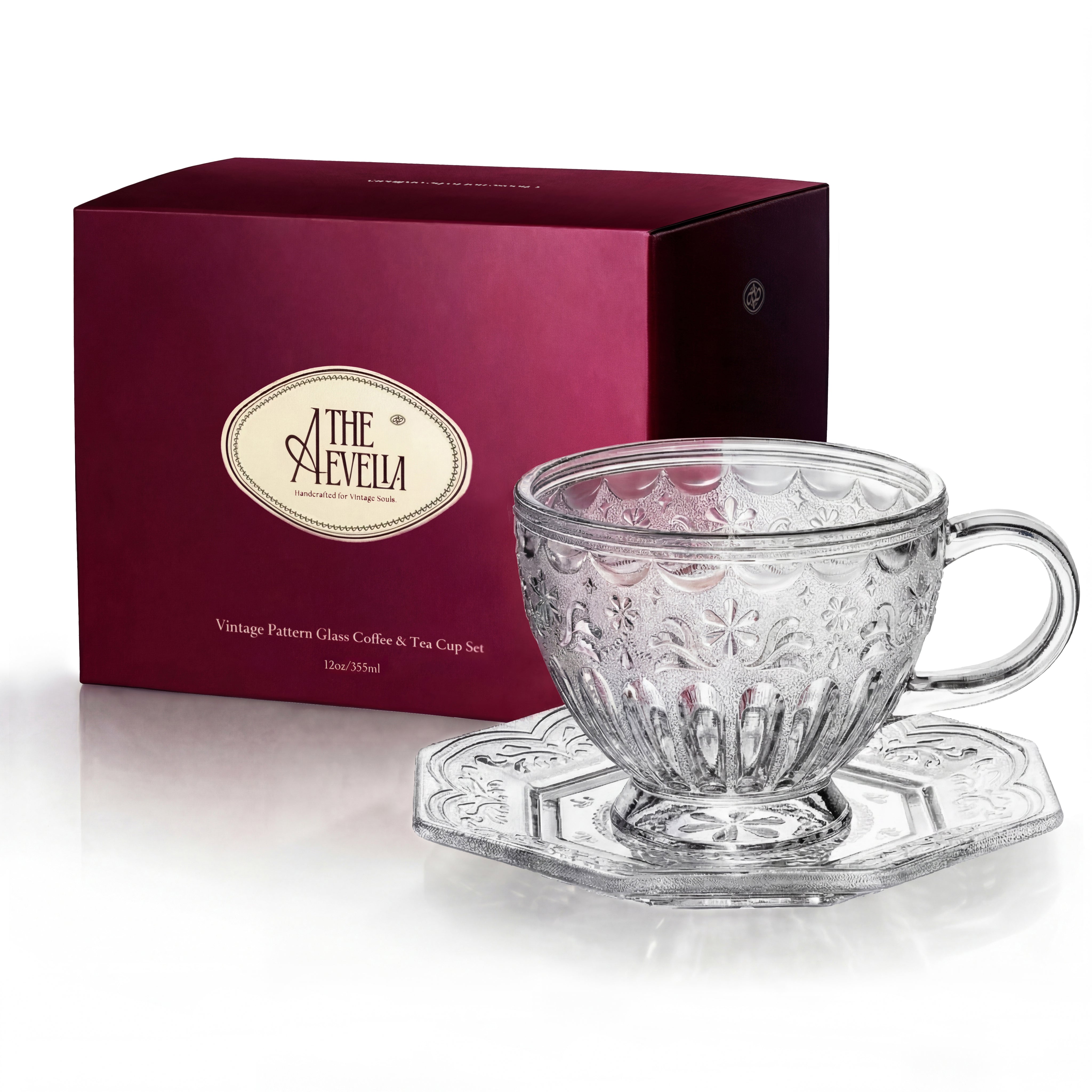 THE AEVELIA Handcrafted Glass Coffee Mug 12oz with Octagonal Saucer, Aesthetic Vintage Glass Cup for Latte, Cappuccino & Tea, Microwave & Dishwasher Safe, Gift for Women, Classic Frosted White