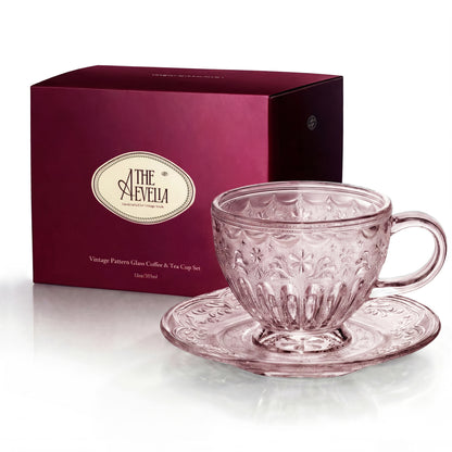 THE AEVELIA Handcrafted Glass Coffee Mug 12oz with Octagonal Saucer, Aesthetic Vintage Glass Cup for Latte, Cappuccino & Tea, Microwave & Dishwasher Safe, Gift for Women, Classic Frosted White
