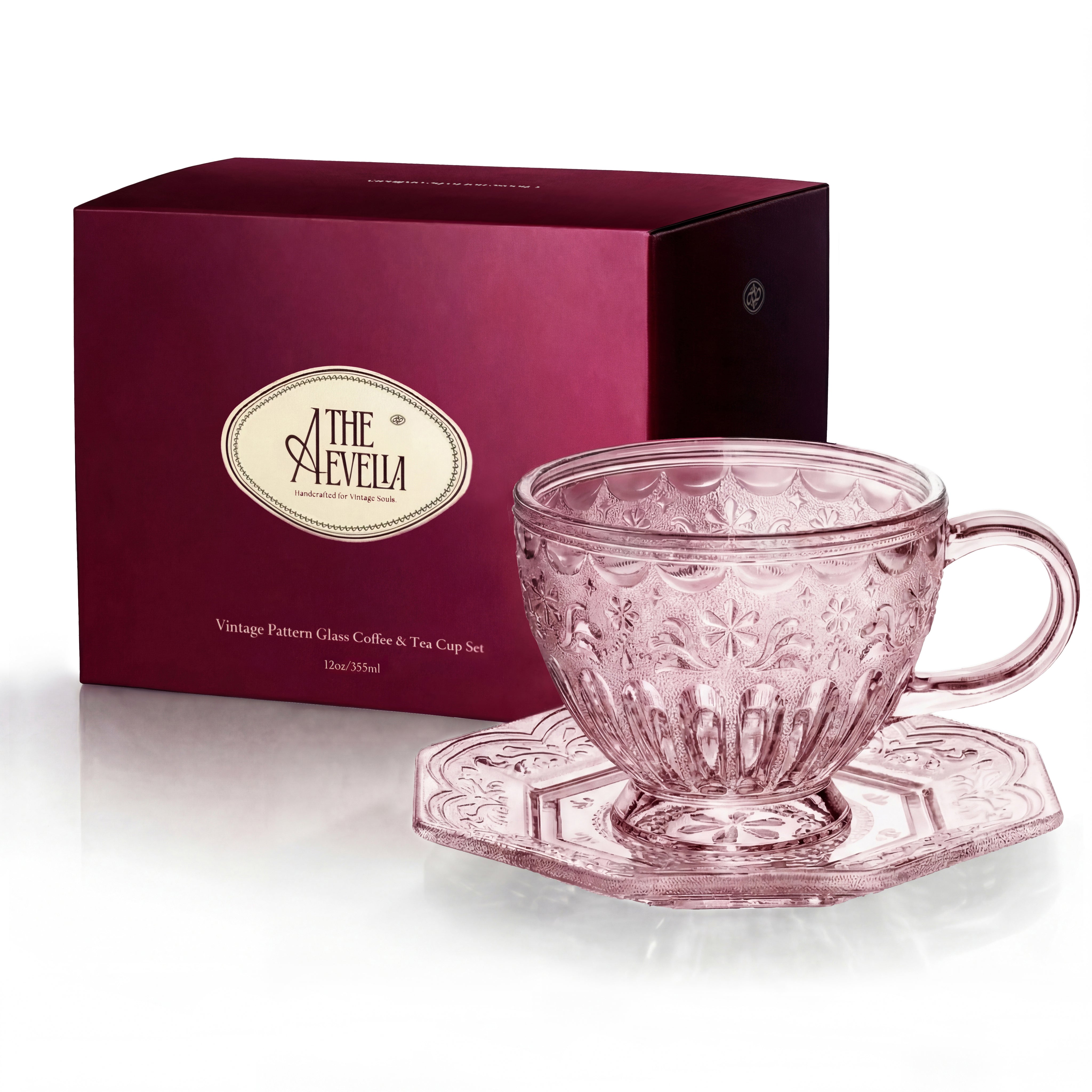 THE AEVELIA Handcrafted Glass Coffee Mug 12oz with Octagonal Saucer, Aesthetic Vintage Glass Cup for Latte, Cappuccino & Tea, Microwave & Dishwasher Safe, Gift for Women, Classic Frosted White